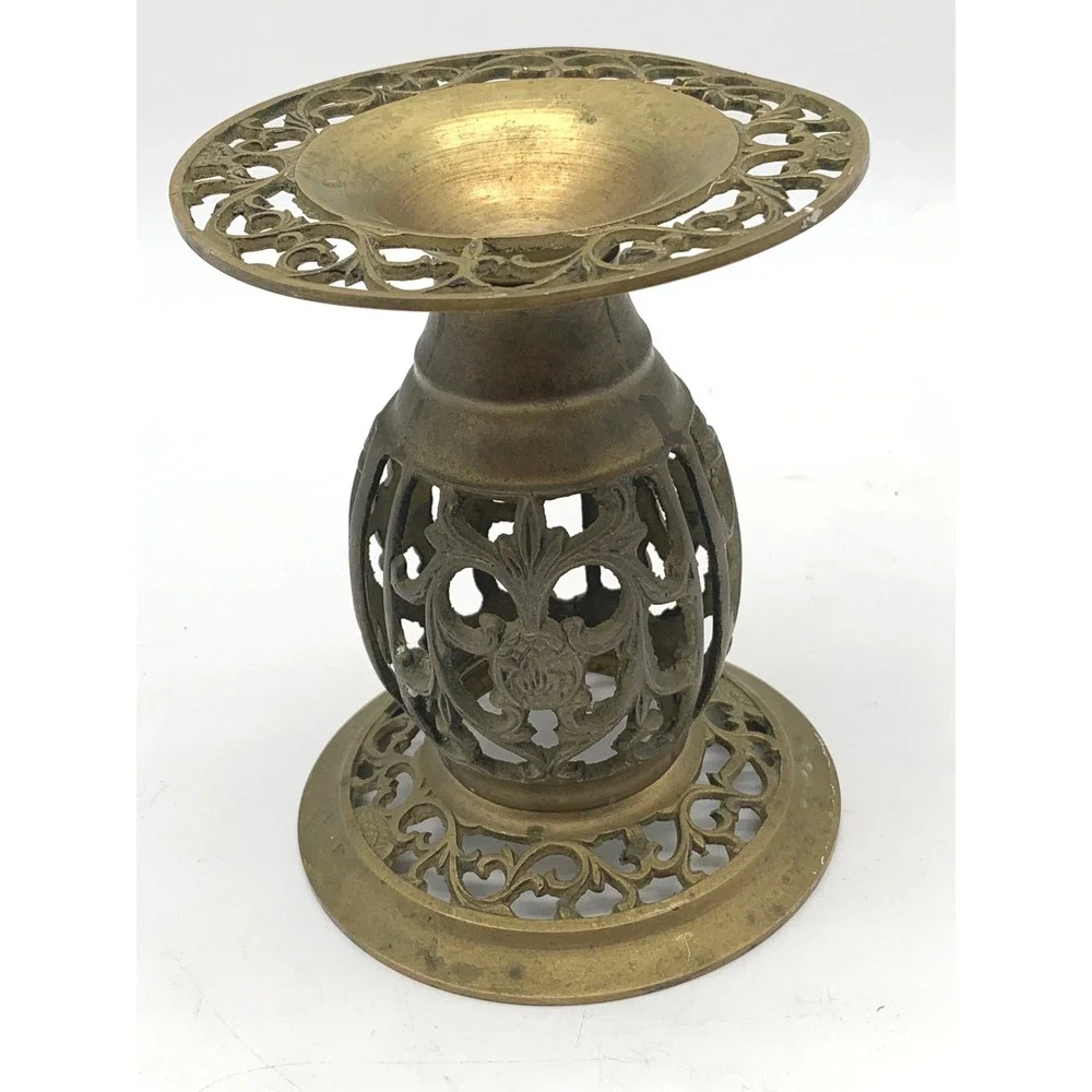 Vintage Brass Candlestick Holder Gold Filigree Open Work‎ Ornate Pedestal MCM
